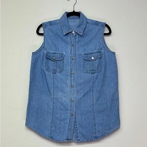 💿90’s💿 Vtg Bill Blass Blue Denim Button-Up Sleeveless Top Shirt Women’s Medium